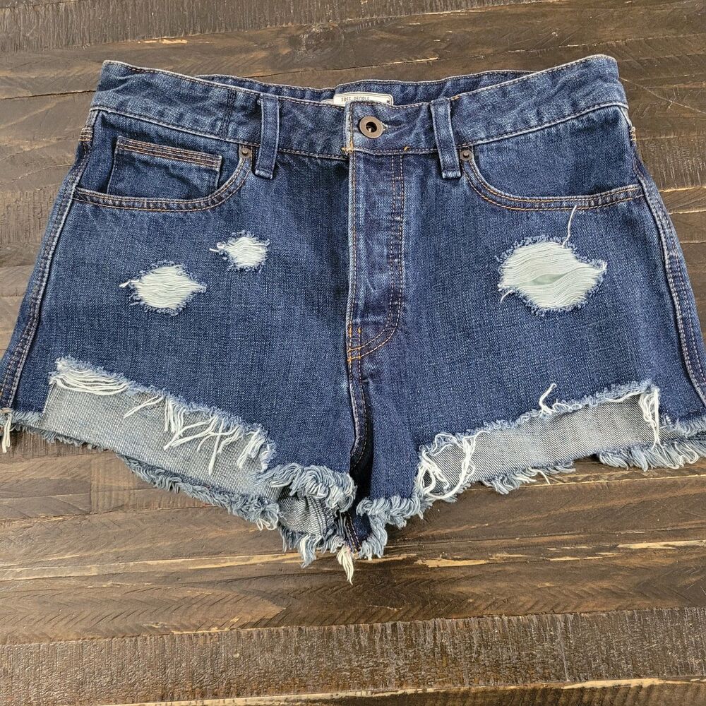 Free People High Rise Denim Shorts Women's 28 Dark Wash Distressed Raw Hem